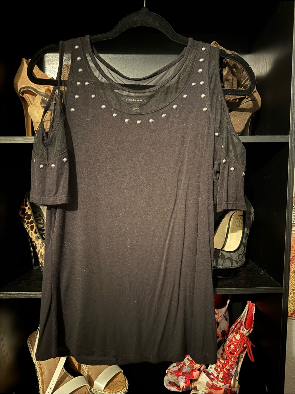 Rock & Republic Black Cold-Shoulder Studded Tank